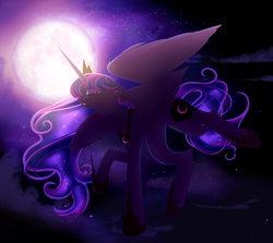 Size: 1594x1420 | Tagged: safe, artist:clefficia, princess luna, alicorn, pony, g4, eyes closed, female, flying, mare, moon, night, night sky, sky, solo