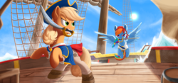 Size: 3000x1400 | Tagged: safe, artist:j24262756, applejack, rainbow dash, g4, my little pony: the movie, airship, barrel, boat, cloud, cutlass, hat, mouth hold, pirate, pirate costume, rope, sky, sword, weapon
