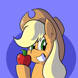 Size: 2400x2400 | Tagged: safe, artist:pembroke, applejack, earth pony, pony, g4, abstract background, apple, female, food, grin, high res, mare, obligatory apple, smiling, solo