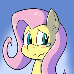 Size: 2400x2400 | Tagged: safe, artist:pembroke, fluttershy, pegasus, pony, g4, blushing, bust, female, gradient background, high res, looking away, looking sideways, mare, portrait, solo, teary eyes, wavy mouth