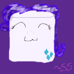 Size: 800x800 | Tagged: dead source, safe, artist:sweetsketcher, rarity, g4, :3, cute, eyes closed, food, happy, inanimate tf, literal, marshmallow, purple background, raribetes, rarity is a marshmallow, simple background, solo, transformation