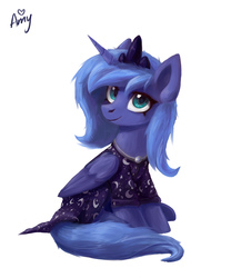 Size: 2500x3000 | Tagged: safe, artist:ami-gami, princess luna, alicorn, pony, g4, clothes, female, high res, looking at you, mare, pajamas, s1 luna, simple background, sitting, smiling, solo, white background