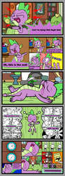 Size: 1000x2690 | Tagged: safe, artist:metal-jacket444, angel bunny, spike, dragon, rabbit, vulture, comic:angel vs spike, g4, acting, angel is a bunny bastard, animal, clock, clothes, comic, derp, fainted, flower, long tongue, playing dead, speech bubble, thought bubble, tongue out, waiter, x eyes