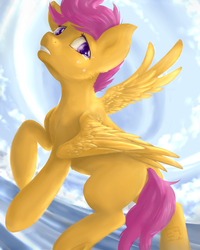 Size: 1600x2000 | Tagged: safe, artist:tokokami, scootaloo, pony, g4, cloud, cloudy, crying, female, flying, sad, scootaloo can't fly, scootasad, solo, wish