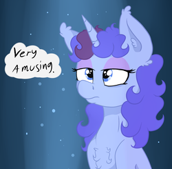 Size: 2254x2206 | Tagged: safe, artist:paskanaakka, derpibooru exclusive, oc, oc only, oc:midnight dew, pony, unicorn, abstract background, ask, chest fluff, dialogue, ear fluff, eyeshadow, female, high res, horn, makeup, mare, pony oc, solo, unamused, unicorn oc