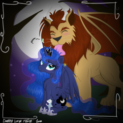 Size: 4823x4823 | Tagged: safe, artist:darkest-lunar-flower, melvin, princess luna, tiberius, alicorn, luna moth, manticore, pony, g4, journal of the two sisters, absurd resolution, behaving like a cat, blushing, chest fluff, cute, female, licking, mare, moon, night, purring, sitting, tongue out