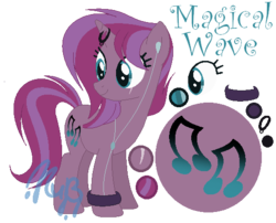 Size: 521x422 | Tagged: safe, artist:marielle5breda, oc, oc only, oc:magical wave, pony, unicorn, cutie mark background, earbuds, female, magical lesbian spawn, mare, music notes, offspring, parent:tempest shadow, parent:vinyl scratch, reference sheet, simple background, solo, transparent background, wristband