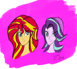Size: 553x497 | Tagged: safe, artist:lobonox1313, starlight glimmer, sunset shimmer, human, equestria girls, g4, abstract background, beanie, bust, duo, duo female, female, hat