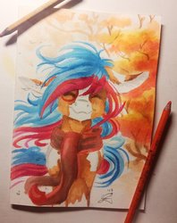 Size: 1024x1292 | Tagged: safe, artist:scootiegp, oc, oc only, oc:aki99, pony, autumn, clothes, crayon, eyes closed, female, forest, mare, plant, running, scarf, signature, simple background, smiling, solo, traditional art, tree