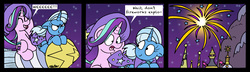Size: 3720x1065 | Tagged: safe, artist:bobthedalek, starlight glimmer, trixie, pony, unicorn, g4, canterlot, cape, clothes, comic, dark comedy, didn't think this through, duo, eye contact, female, fireworks, floppy ears, flying, frown, glare, hat, implied death, looking at each other, mare, night, open mouth, reality ensues, riding, rocket, sitting, sky, smiling, smirk, stars, this ended in death, this ended in explosions, this ended in pain, this will end in explosions, this will not end well, toy interpretation, toy story, trixie's cape, trixie's hat, trixie's rocket, wide eyes, windswept mane, worried
