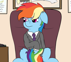 Size: 2834x2480 | Tagged: safe, artist:jubyskylines, derpibooru exclusive, rainbow dash, pony, g4, blushing, chair, clothes, high res, office chair, sitting, solo, suit