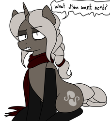 Size: 1509x1665 | Tagged: safe, artist:art-spark, oc, oc only, pony, unicorn, clothes, dialogue, female, gloves, looking at you, mare, necromancer, scarf, sitting, solo, speech bubble