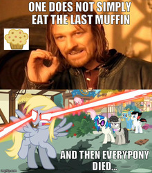 Size: 500x569 | Tagged: safe, derpy hooves, pony, epic rage time, g4, angry, eye beams, food, image macro, laser beams, meme, muffin, one does not simply walk into mordor