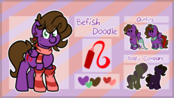 Size: 1024x578 | Tagged: safe, artist:befishproductions, oc, oc only, oc:befish, pegasus, pony, chibi, clothes, dress, female, mare, reference sheet, scarf, socks, solo, striped socks