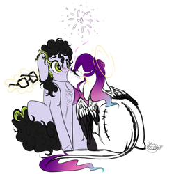 Size: 900x900 | Tagged: safe, artist:autumnheart462, oc, oc only, oc:bibi, oc:ronnie, pegasus, pony, colored wings, female, fireworks, glasses, kissing, magic, male, mare, multicolored wings, sitting, stallion, straight