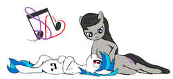 Size: 3725x1715 | Tagged: safe, artist:kirotalon, dj pon-3, octavia melody, vinyl scratch, earth pony, pony, unicorn, g4, female, lesbian, looking at each other, mare, missing accessory, ship:scratchtavia, shipping, simple background, smiling, white background