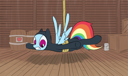 Size: 3220x1906 | Tagged: safe, artist:infrayellow, rainbow dash, pegasus, pony, g4, barrel, catsuit, cider barrel, cider dash, clothes, female, gritted teeth, mare, mission impossible, parody, rope, scene parody, sneaking suit, solo, suspended