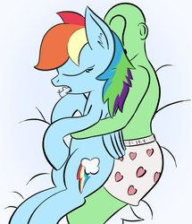 Size: 1352x1572 | Tagged: safe, artist:infrayellow, rainbow dash, oc, oc:anon, human, pegasus, pony, g4, bed, boxers, clothes, cuddling, drool, eyes closed, female, hug, human on pony snuggling, mare, sleeping, snuggling, spooning, underwear