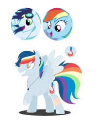 Size: 618x766 | Tagged: safe, artist:moonstoonliquor, rainbow dash, soarin', oc, oc:storm surge, pegasus, pony, g4, bandaid, base used, colored pupils, female, male, offspring, parent:rainbow dash, parent:soarin', parents:soarindash, rainbow hair, raised hoof, ship:soarindash, shipping, simple background, spread wings, stallion, straight, transparent background, wings