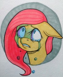 Size: 1266x1546 | Tagged: safe, artist:akil-wolf, fluttershy, pegasus, pony, g4, bust, crying, female, floppy ears, gritted teeth, looking up, portrait, sad, shrunken pupils, solo, teary eyes, traditional art