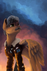 Size: 2000x3000 | Tagged: safe, artist:nemo2d, oc, oc only, oc:radar, pegasus, pony, fallout equestria, backlighting, cloud, cloudy, dashite, heroic posing, high res, male, patch, sky, solo, stallion