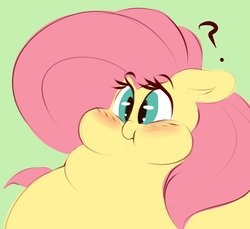 Size: 644x591 | Tagged: safe, artist:graphenescloset, fluttershy, pony, blushing, chubby cheeks, fat, fattershy, female, mare, obese, question mark, rolls of fat, solo
