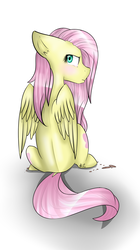 Size: 1024x1826 | Tagged: safe, artist:xxdestinyrosexx, fluttershy, pegasus, pony, g4, cookie, female, floppy ears, food, gradient background, looking at you, looking back, looking back at you, pouting, profile, rear view, sitting, solo, teary eyes, turned head, wings