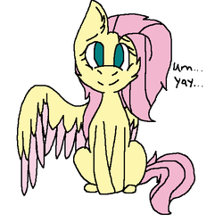 Size: 564x562 | Tagged: safe, artist:huskylaua, fluttershy, pegasus, pony, g4, colored wings, colored wingtips, female, looking at you, mare, no pupils, one wing out, simple background, sitting, smiling, solo, white background, yay