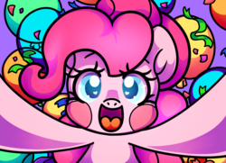 Size: 1310x950 | Tagged: safe, artist:holly--jolly, pinkie pie, pony, g4, balloon, blushing, confetti, female, party, smiling, solo, streamers, wingding eyes