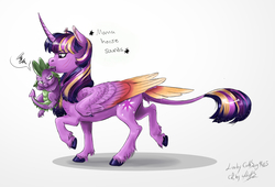 Size: 2464x1676 | Tagged: safe, artist:miidniightsuun, artist:php130, spike, twilight sparkle, alicorn, classical unicorn, dragon, pony, g4, behaving like a cat, cloven hooves, collaboration, colored, colored wings, curved horn, descriptive noise, duo, ethereal mane, female, gradient wings, horn, horse noises, leonine tail, male, mama twilight, mare, mouth hold, pictogram, realistic anatomy, realistic horse legs, scar, scruff, signature, simple background, starry mane, starry wings, story included, tail feathers, traditional art, twilight sparkle (alicorn), unshorn fetlocks, white background, wing claws