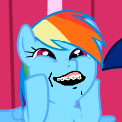 Size: 400x400 | Tagged: safe, edit, edited screencap, screencap, rainbow dash, pony, applebuck season, g4, 1000 hours in ms paint, 360 kid, braces, dashface, faic, female, funny face, mare, meme, nightmare fuel, silly face, so awesome, why
