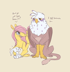 Size: 600x612 | Tagged: safe, artist:batlover800, angel bunny, fluttershy, gilda, griffon, pegasus, pony, rabbit, g4, dialogue, female, gildashy, lesbian, looking at each other, male, shipping, simple background, talking, tan background, trio, wings