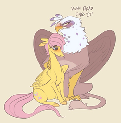 Size: 600x612 | Tagged: safe, artist:batlover800, fluttershy, gilda, griffon, pegasus, pony, g4, arm around neck, blushing, cutie mark, dialogue, duo, embarrassed, female, fluffy, gildashy, gildere, hug, lesbian, mare, shipping, simple background, tan background, tsundere, wings