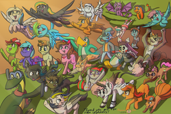 Size: 3000x2000 | Tagged: safe, artist:floofyfoxcomics, oc, oc only, oc:aura specs, oc:hibiki blackwing, pony, flying, fun, group photo, happy, high res, sky