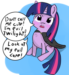 Size: 3622x3914 | Tagged: safe, artist:artiks, twilight sparkle, alicorn, pony, g4, blushing, cape, clothes, evil, female, high res, i'm not cute, looking at you, mare, pure unfiltered evil, simple background, sitting, solo, speech bubble, twilight sparkle (alicorn)
