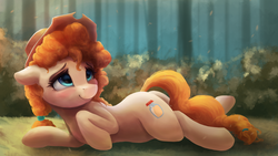 Size: 3840x2160 | Tagged: safe, artist:vanillaghosties, pear butter, earth pony, pony, g4, the perfect pear, accessory swap, blushing, butt, cowboy hat, cute, female, hat, high res, looking up, mare, on side, outdoors, pearabetes, plot, smiling, solo, stetson