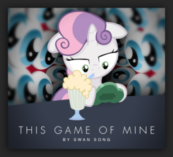 Size: 1090x991 | Tagged: safe, artist:jan, artist:medio-cre, artist:swan song, edit, screencap, sweetie belle, pony, button's adventures, fanfic:this game of mine, g4, hurricane fluttershy, cover art, eye, eyes, fanfic, female, foal, gamer belle, joy boy, milkshake, solo, typography, video game