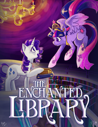Size: 1280x1650 | Tagged: safe, artist:palolabg, artist:swan song, edit, discord, rarity, twilight sparkle, alicorn, pony, fanfic:the enchanted library, balcony, book, chandelier, crystal, element of magic, ethereal mane, fanfic, fanfic art, fanfic cover, female, flying, jewelry, lesbian, library, mare, rarilight, regalia, shadow, shipping, twilight sparkle (alicorn), typography