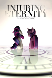 Size: 3024x4536 | Tagged: safe, artist:swan song, rarity, twilight sparkle, pony, fanfic:injuring eternity, g4, blind bag, clock, dramatic, fanfic, fanfic art, fanfic cover, female, lesbian, photography, reflection, ship:rarilight, shipping, toy, typography