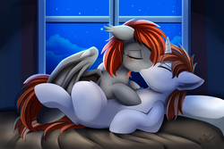 Size: 4117x2757 | Tagged: safe, artist:pridark, oc, oc only, oc:diamond sword, oc:grem, bat pony, pony, unicorn, bat pony oc, bat wings, bed, blank flank, blushing, chest fluff, commission, couple, duo, ear fluff, eyes closed, featured image, female, floppy ears, gremond, high res, horn, kiss on the lips, kissing, love, making out, male, mare, mare on top, night, oc x oc, on back, pillow, ranchtown, shipping, stallion, stars, straight, window, wings
