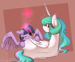 Size: 3700x3100 | Tagged: safe, artist:passigcamel, princess celestia, twilight sparkle, alicorn, pony, abstract background, age difference, butthug, cute, cutelestia, duo, female, heart, horn, hug, lesbian, mare, on side, one eye closed, shipping, twiabetes, twilestia, twilight sparkle (alicorn), wings