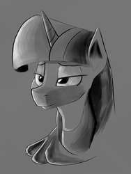 Size: 1200x1600 | Tagged: safe, artist:itsthinking, artist:post-it, twilight sparkle, pony, g4, bust, female, lidded eyes, monochrome, portrait, simple background, smiling, solo