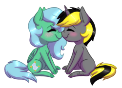 Size: 966x698 | Tagged: safe, artist:ghostlymarie, oc, oc only, oc:sgt bigmac, oc:vorian caverns, pegasus, pony, unicorn, chibis, couple, shipping, simple background, transparent background