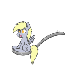 Size: 1000x1000 | Tagged: safe, artist:ghostlymarie, derpy hooves, pegasus, pony, g4, cute, derp, female, horse spooning meme, mare, meme, micro, no pupils, simple background, sitting, smiling, solo, spoon, tiny ponies, tongue out, white background