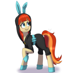 Size: 800x800 | Tagged: safe, artist:ghostlymarie, oc, oc only, oc:film flick, earth pony, pony, bunny ears, clothes, costume, cute, dangerous mission outfit, female, happy, hoodie, looking up, simple background, smiling, solo, white background