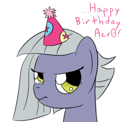 Size: 1280x1280 | Tagged: safe, artist:phat_guy, derpibooru exclusive, limestone pie, earth pony, pony, g4, annoyed, birthday, bust, congratulations, dialogue, english, female, frown, happy birthday, hat, mare, nose wrinkle, party hat, portrait, scrunchy face, simple background, solo, transparent background, unamused