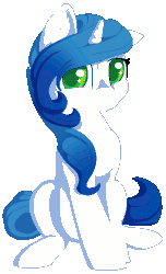 Size: 330x541 | Tagged: safe, artist:gleamydreams, derpibooru exclusive, oc, oc only, oc:gleamy, pony, unicorn, animated, blinking, blue mane, bounce animation, colored pupils, female, gif, green eyes, looking at you, mare, mistake, ms paint, simple background, sitting, solo, transparent background