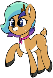 Size: 328x480 | Tagged: safe, artist:seafooddinner, derpibooru exclusive, oc, oc only, oc:buttercup, deer, pony, antlers, butt freckles, cloven hooves, cute, female, freckles, ribbon, simple background, solo, transparent background