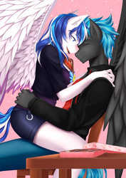Size: 2893x4092 | Tagged: safe, alternate version, artist:kaehye, derpibooru exclusive, oc, oc only, oc:lumi, oc:nimbus, pegasus, anthro, anthro oc, chair, chocolate, clothes, food, holiday, hoodie, lumbus, scarf, shorts, valentine's day, ych result