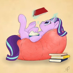 Size: 2048x2048 | Tagged: safe, artist:coloringrainclouds, starlight glimmer, pony, unicorn, g4, beanbag, book, eating, female, food, high res, magic, mare, on back, pile of books, popcorn, simple background, solo
